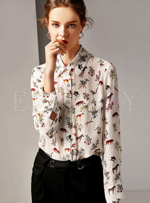 Brief Turn-down Collar All Over Print Blouse