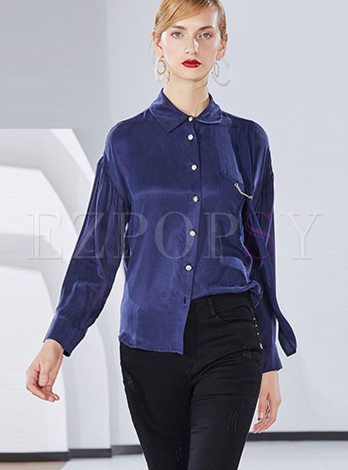 Blue Work Daily Turn-down Collar Buttoned Blouse