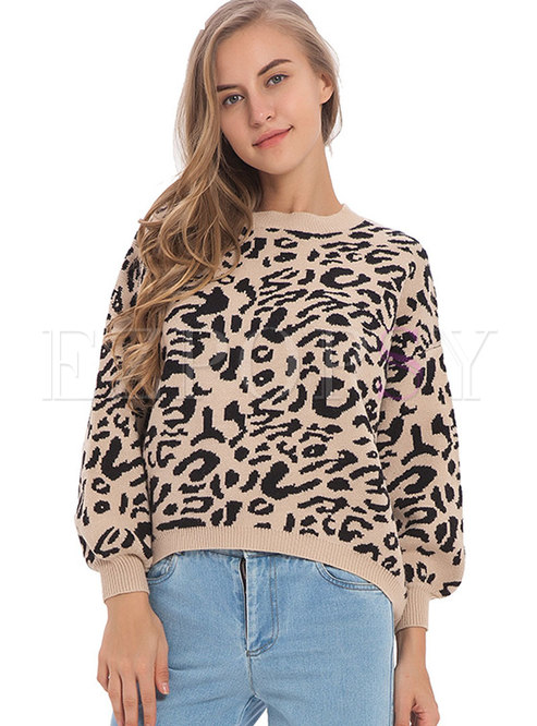 Fashion Khaki Crew-neck Long Sleeve Leopard Sweater