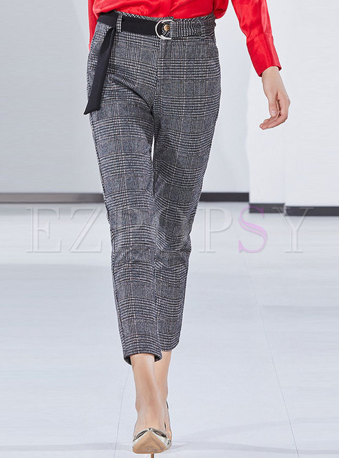 Fashion Work Daily Belted Plaid Pencil Pants