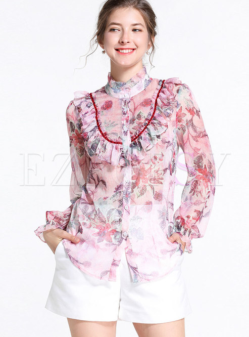 Trendy Pink Standing Collar Single-breasted Blouse