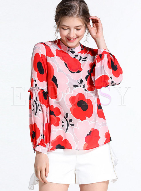 Fashion Stand Collar Silk All Over Print Blouse