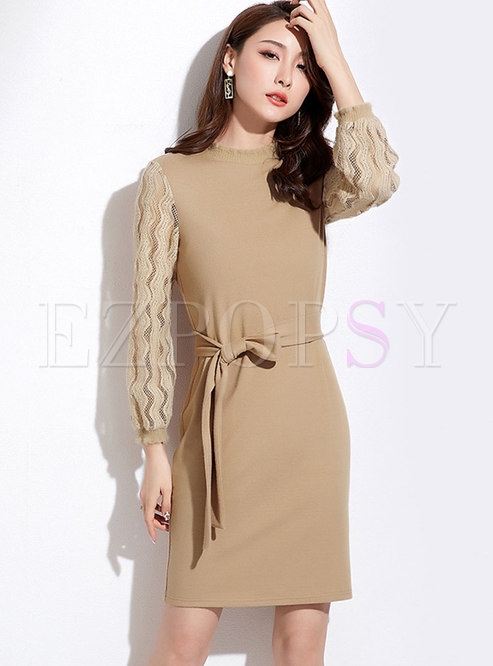 Elegant Lace Splicing Stand Collar Belted Knitted Dress