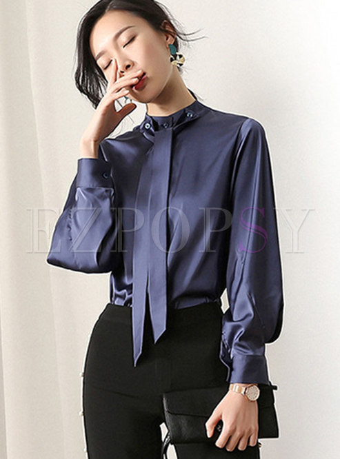 Tops | Blouses | Elegant Stand Collar Tie Slim Blouse