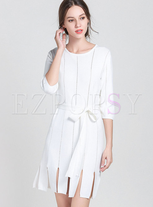 Chic Hollow Out Tie-waist Tassel Slim Knitted Dress