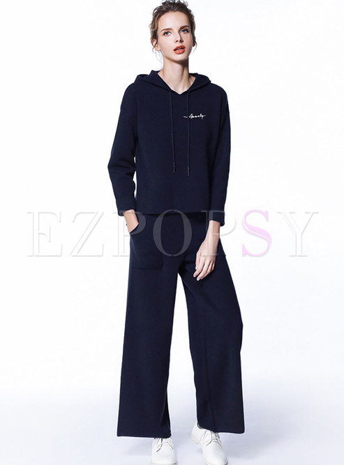 Casual Hooded Tied Knitted Top & Elastic Waist Wide Leg Pants