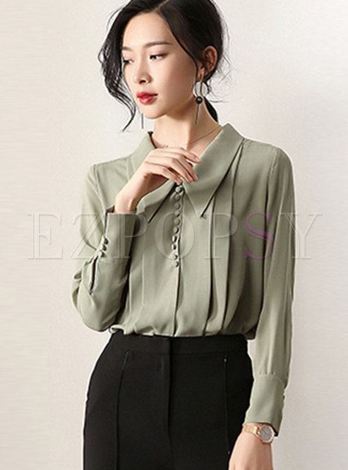 Pure Color Lapel Single-breasted Pullover Blouse
