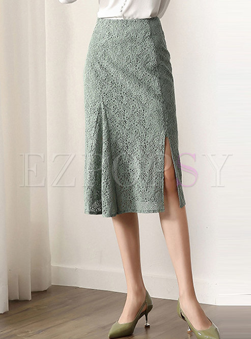 Elegant High Waist Slit Lace Skirt
