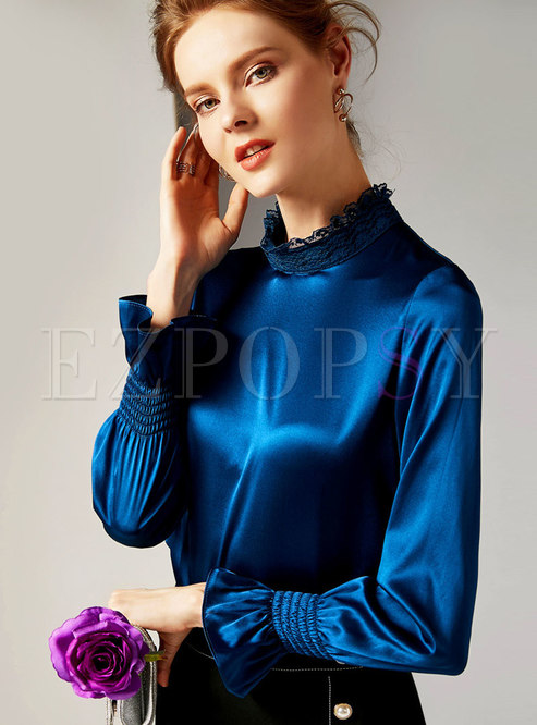 Chic Blue Solid Flare Sleeve Silk Slim Blouse