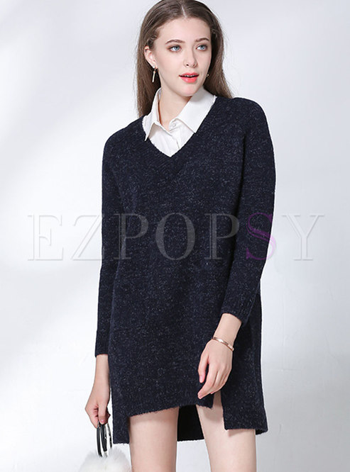 Casual Solid Color V-neck Side-slit Asymmetric Knitted Dress