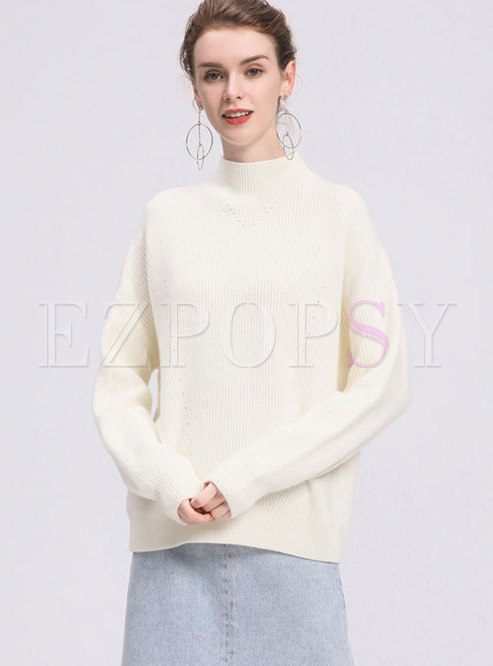 Casual White Half High Neck All-matched Sweater