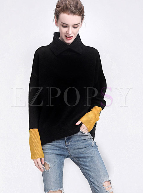 Tops | Sweaters | Stylish Turtle Neck Hit Color Sleeve Knitted Sweater