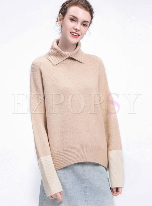 Stylish Apricot Turtle Neck Hit Color Sleeve Knitted Sweater