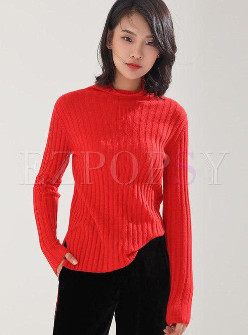 Casual Solid Color High Neck Split Sweater