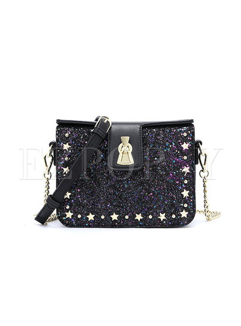 Chic Black Shimmer Sequined Chain Tote & Crossbody Bag