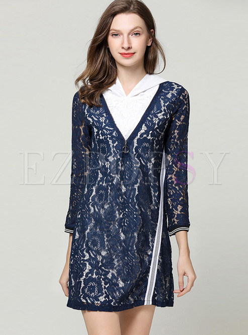 Fashion Color-blocked Hooded Splicing Lace Bodycon Dress