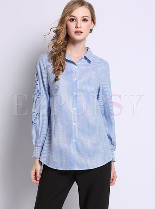 Blue Sweet Pinstriped Cotton Bottoming Blouse 