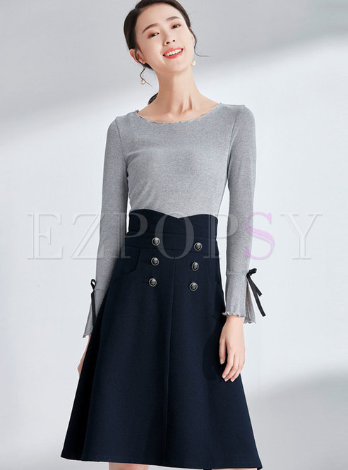 Brief Grey Flare Sleeve Slim Sweater & High Waist Double-breasted A Line Skirt