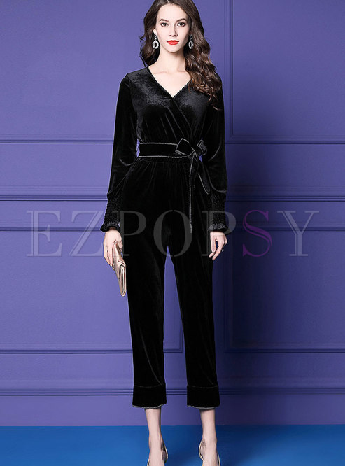 Vintage Black V-neck Long Sleeve Velvet Jumpsuits