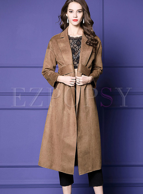 Khaki Lapel Easy-matching Suede Belted Coat 
