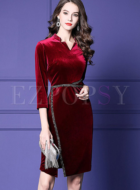 Wine Red V-neck High Waist Beaded Party Dress
