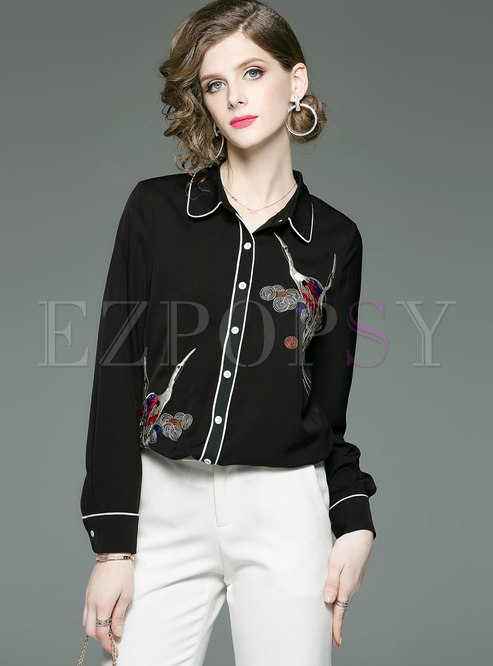 Tops | Blouses | Brief Black Turn-down Collar Embroidered Blouse