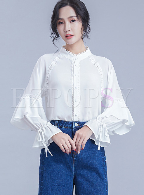 Tops | Blouses | Brief Standing Collar Ruffled Sleeve Blouse