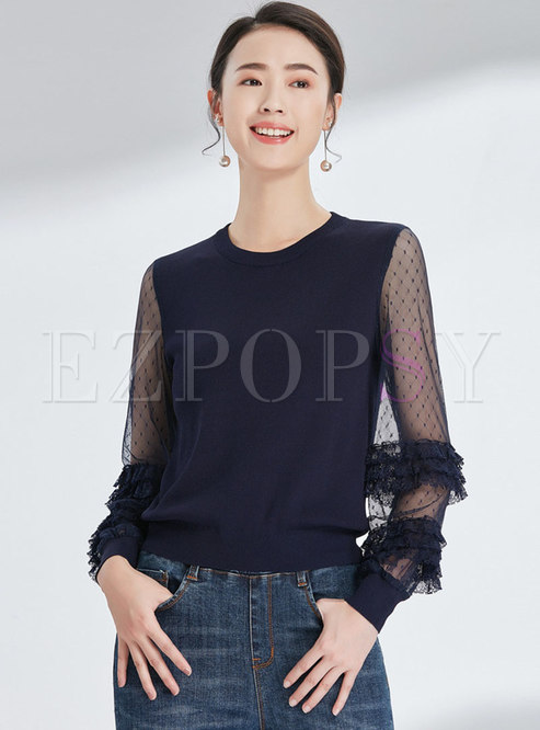 Navy Mesh Splicing O-neck See-though Knitted Sweater