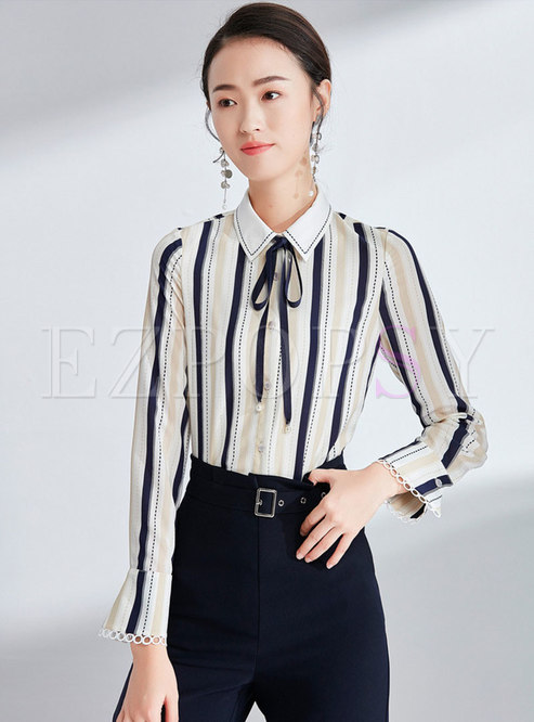 Tops | Blouses | Striped Lapel Flare Sleeve Bowknot Single-breasted Blouse