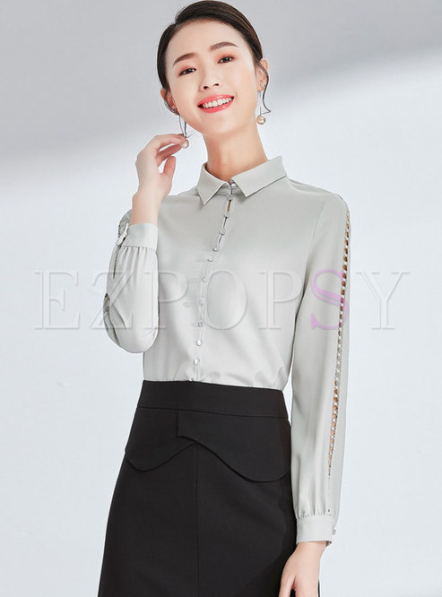 Pure Color Lapel Hollow Out Single-breasted Blouse