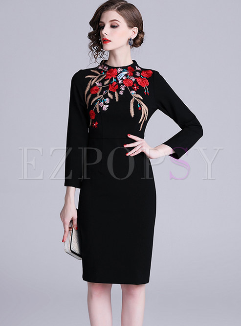 Hepburn Style Standing Collar Embroidered Bodycon Dress