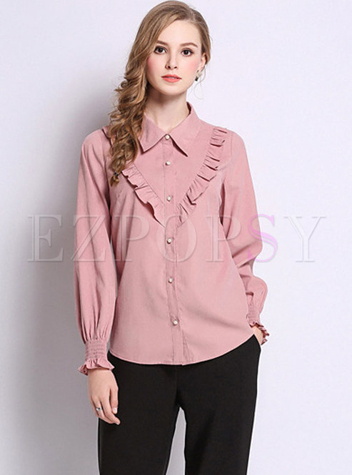 Tops | Blouses | Casual Pink Turn-down Collar Lantern Sleeve Blouse