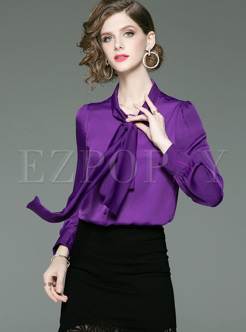 Tops | Blouses | Chic Purple Tie-neck Bowknot Slim Long Sleeve Blouse