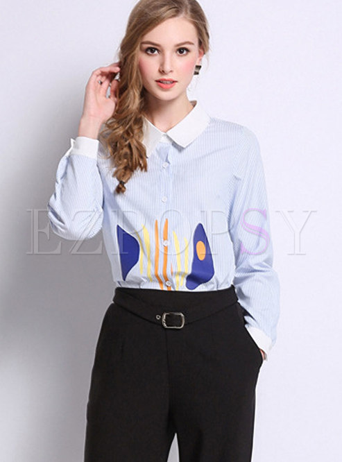 Chic Turn-down Collar Pinstriped Blouse With Embroidery 