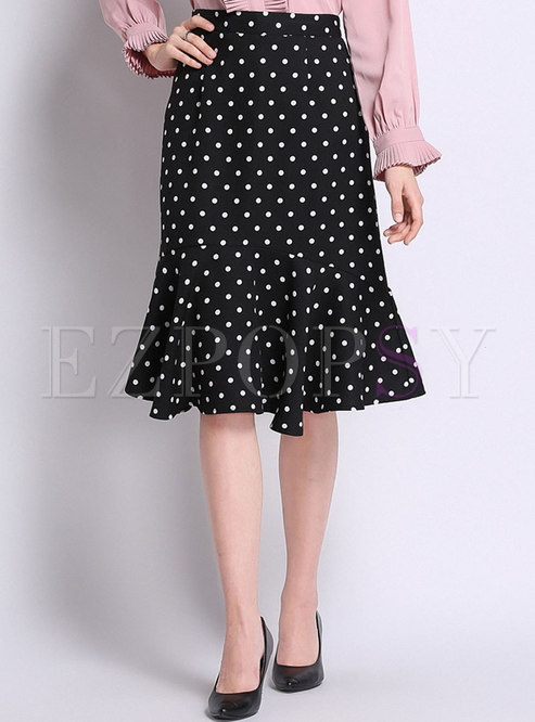 Black Dots High Waist Chiffon Asymmetric Skirt