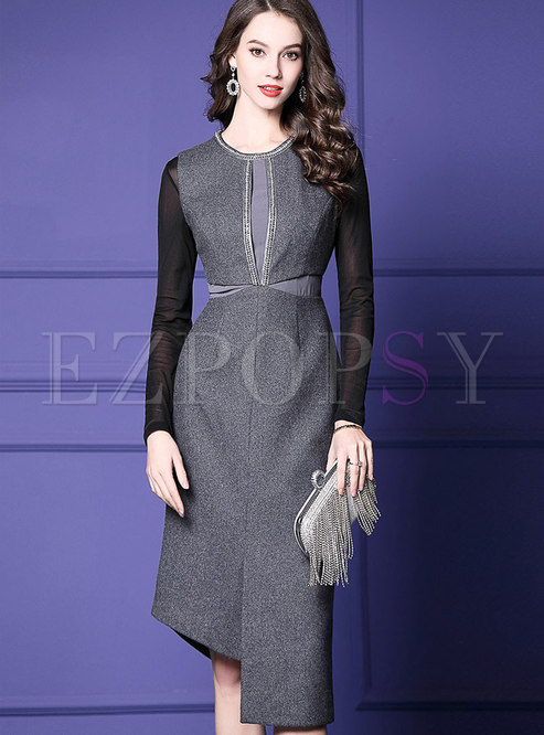 Stylish Grey Sleeveless Sheath Asymmetric Dress