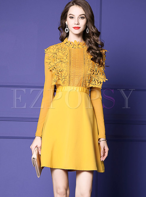 Stylish Yellow Lace Splicing High Waist A Line Dress