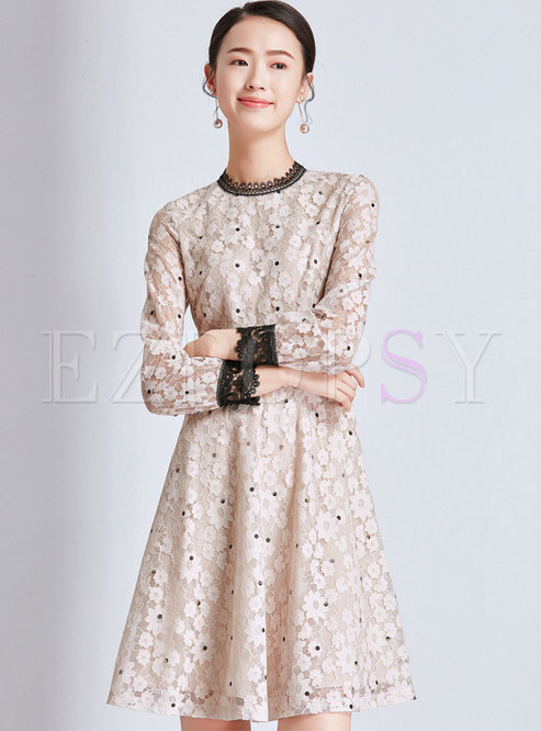 Stylish Color-blocked High Waist Slim Lace Dress