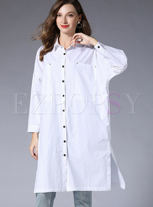 Brief White Turn-down Collar Buttoned T-Shirt Dress