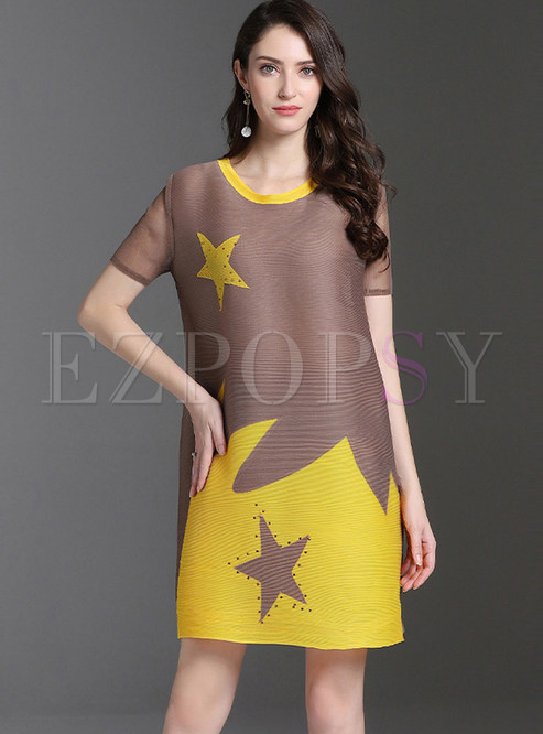 Color-blocked Star Print Beaded Shift Dress