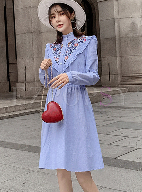 Retro Standing Collar Embroidered Falbala Dress