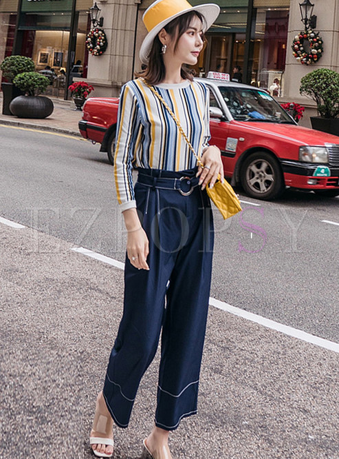 Color-blocked O-neck Striped Top & Straight Pants