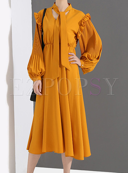 Solid Color Bowknot Standing Collar Waist A Line Dress