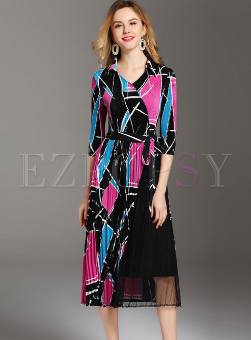 Casual Color-blocked V-neck Splicing Pleated Dress