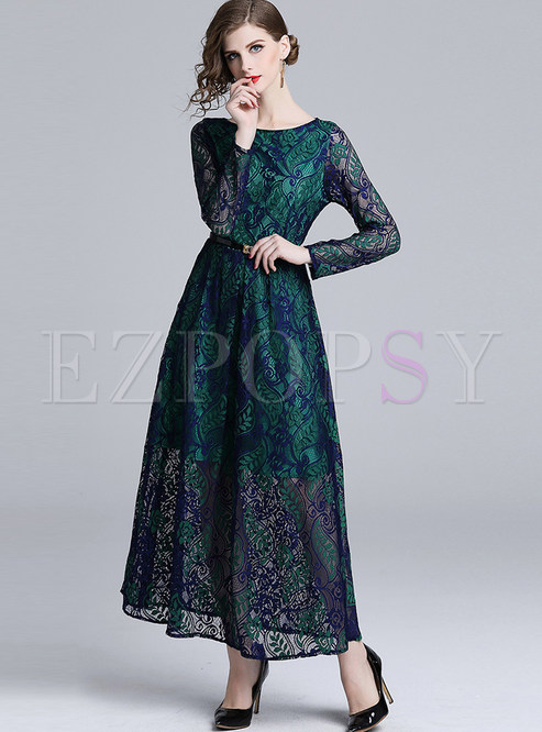 O-neck Long Sleeve Hollow Out Lace Maxi Dress