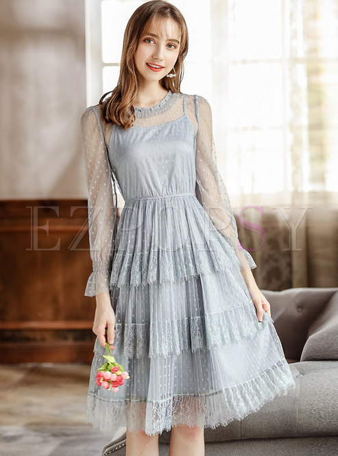 Sweet Solid Color Elastic Waist Pleated Dress