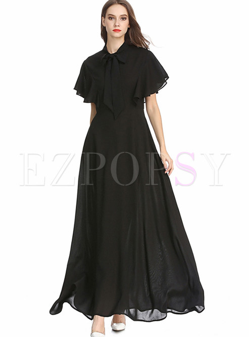 Black Bowknot Ruffled Sleeve High Waist Chiffon Dress