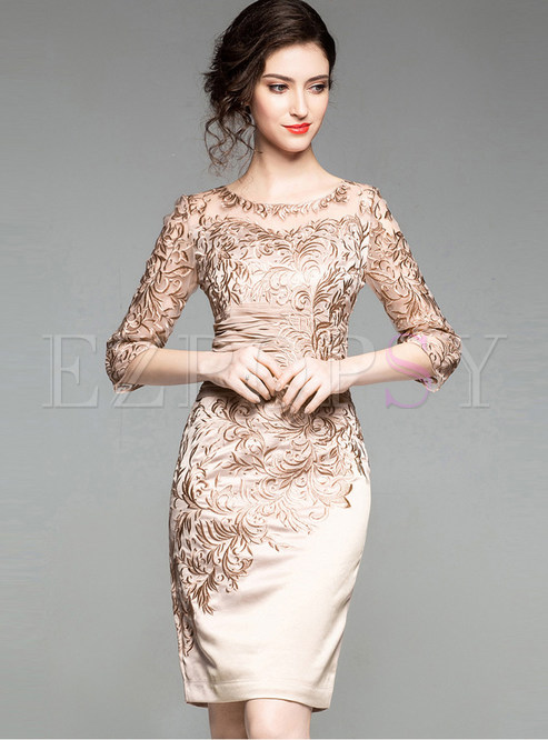 Hollow Out Mesh Embroidered Lace Sheath Dress