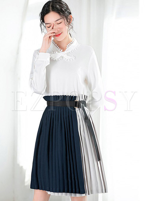 White Tie-neck Long Sleeve Blouse & Hit Color Pleated Skirt