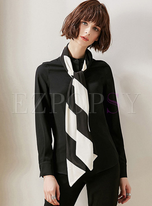 Stylish Color-blocked Scarf Collar Single-breasted Blouse